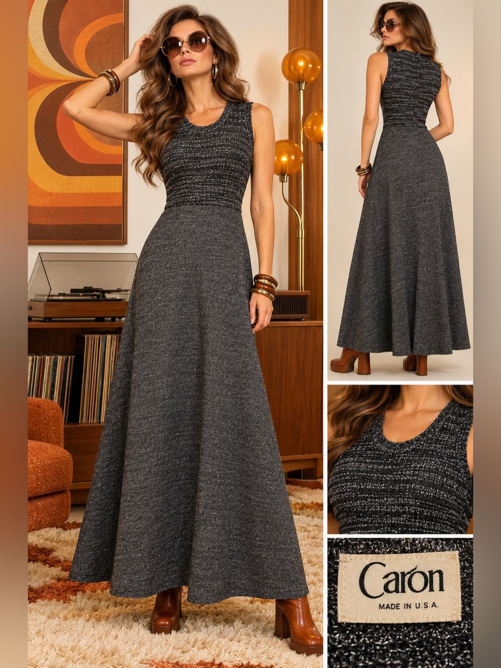 Caron Vintage 70's Elegant cute Sleeveless Maxi Dress Grey Silver Metallic